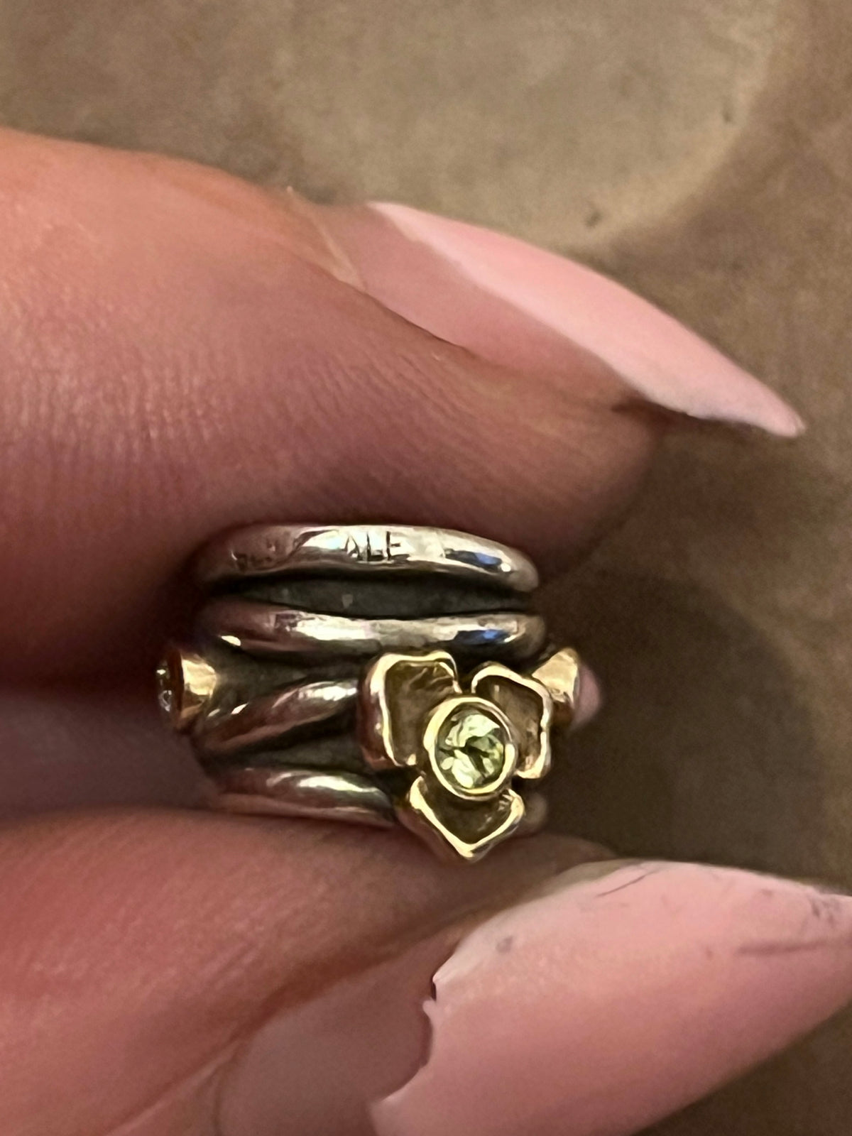 Pandora hard to find rare peridot and diamond two tone flower charm